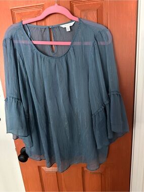 Blue Women’s Blouse - Elegant Ruffle Sleeves Crinkle Material XL